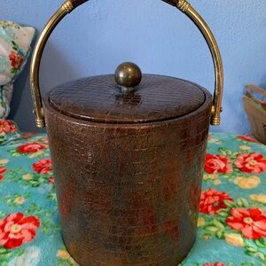 Vintage Brown Leather Croc Textured Ice Bucket With Gold & Leather Handle & Lid